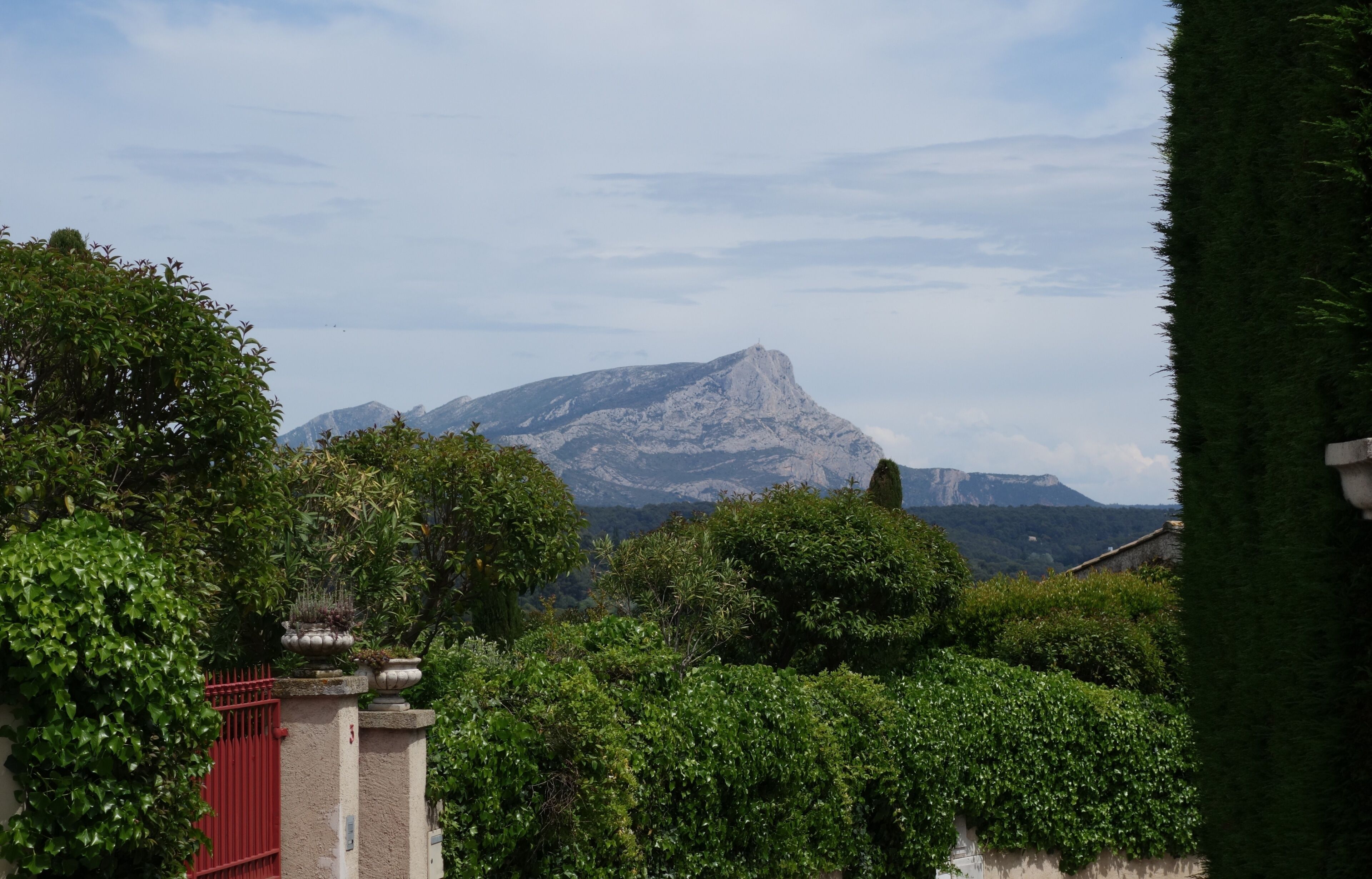 A mountain landscape with a red gate and lush greenery in the foreground.