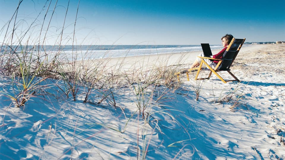 A person sitting on a beach chair with a laptop, surrounded by sand and sparse vegetation.