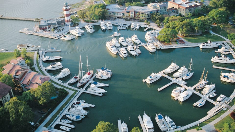 An aerial view of a marina with numerous boats docked, surrounded by buildings and greenery.