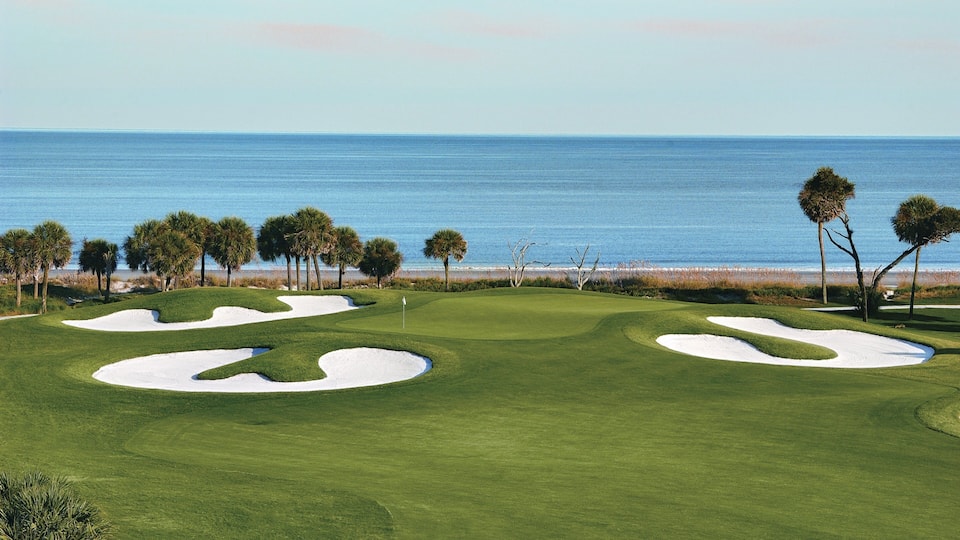 A golf course with sand bunkers and palm trees near the ocean.