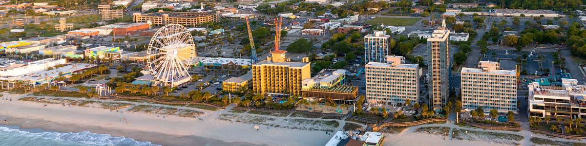 Aerial view of Myrtle Beach, SC during sunrise.