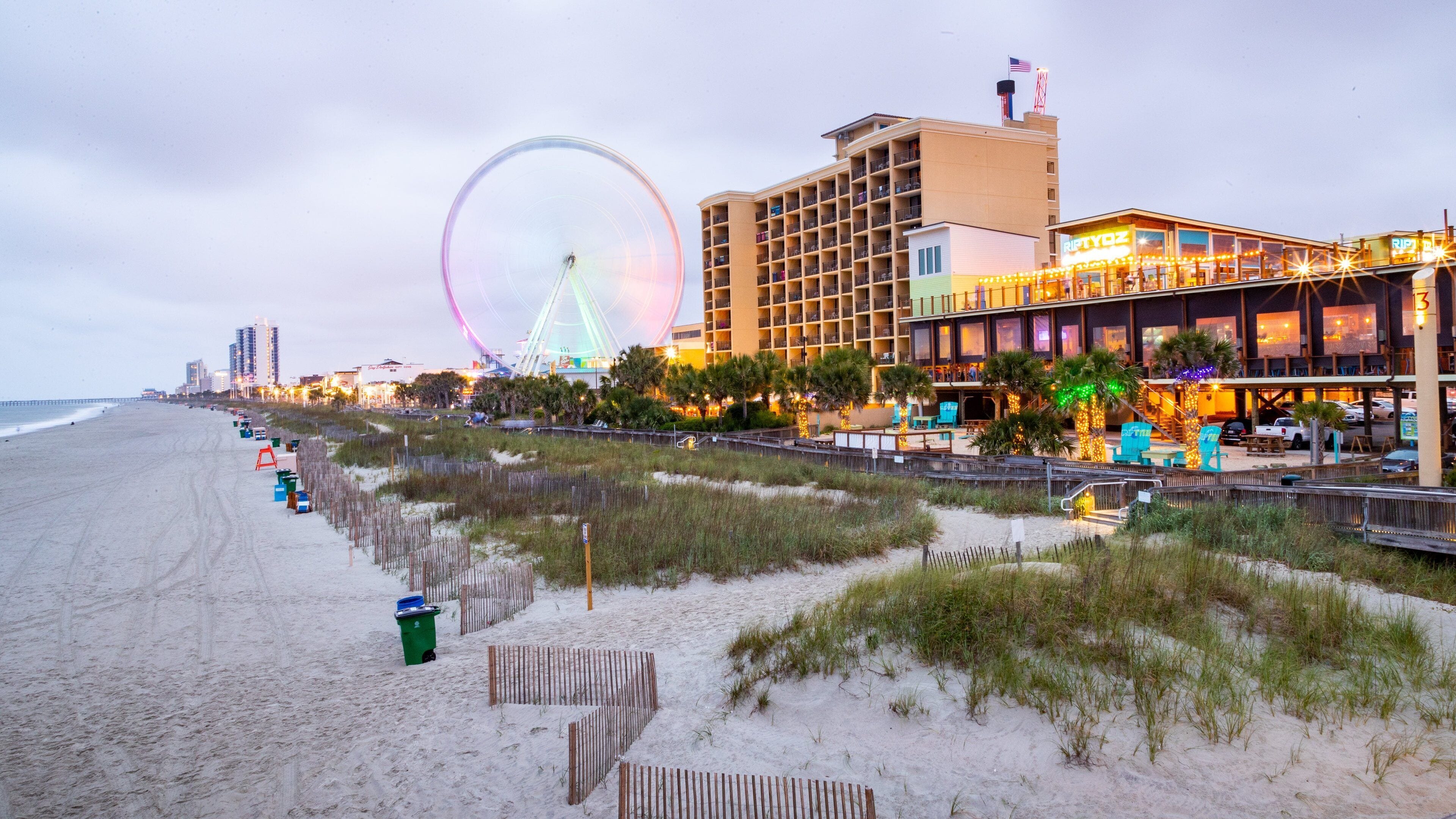 A beach with a large Ferris wheel, a boardwalk with shops, and a hotel.