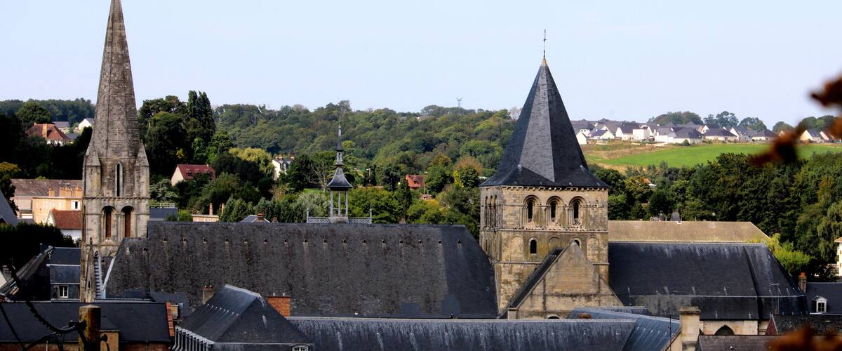 A town with prominent church spires and a castle-like structure.