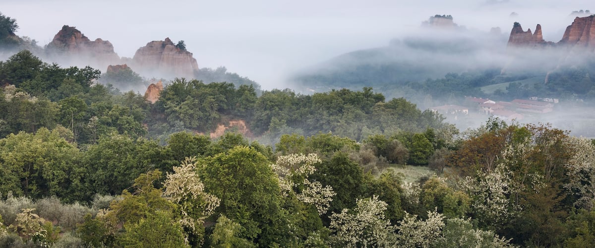 A mountainous landscape with a valley shrouded in mist, surrounded by dense forest and rocky outcrops.
