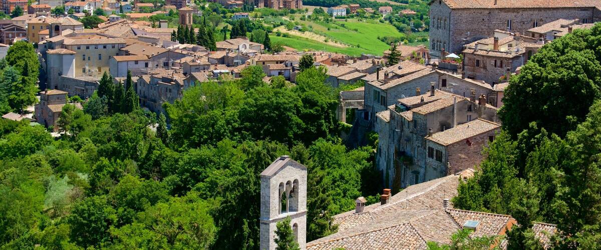 A historic town with medieval architecture, surrounded by lush greenery and rolling hills.