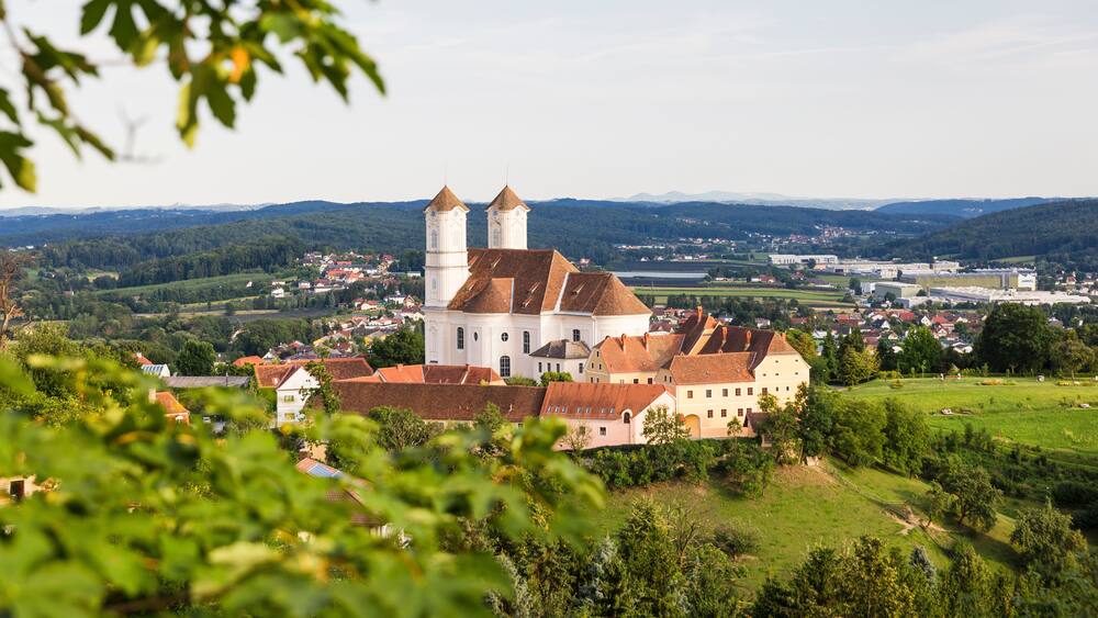 Austria, Styria, Weiz, Weizberg Church and surrounding landscape in summer