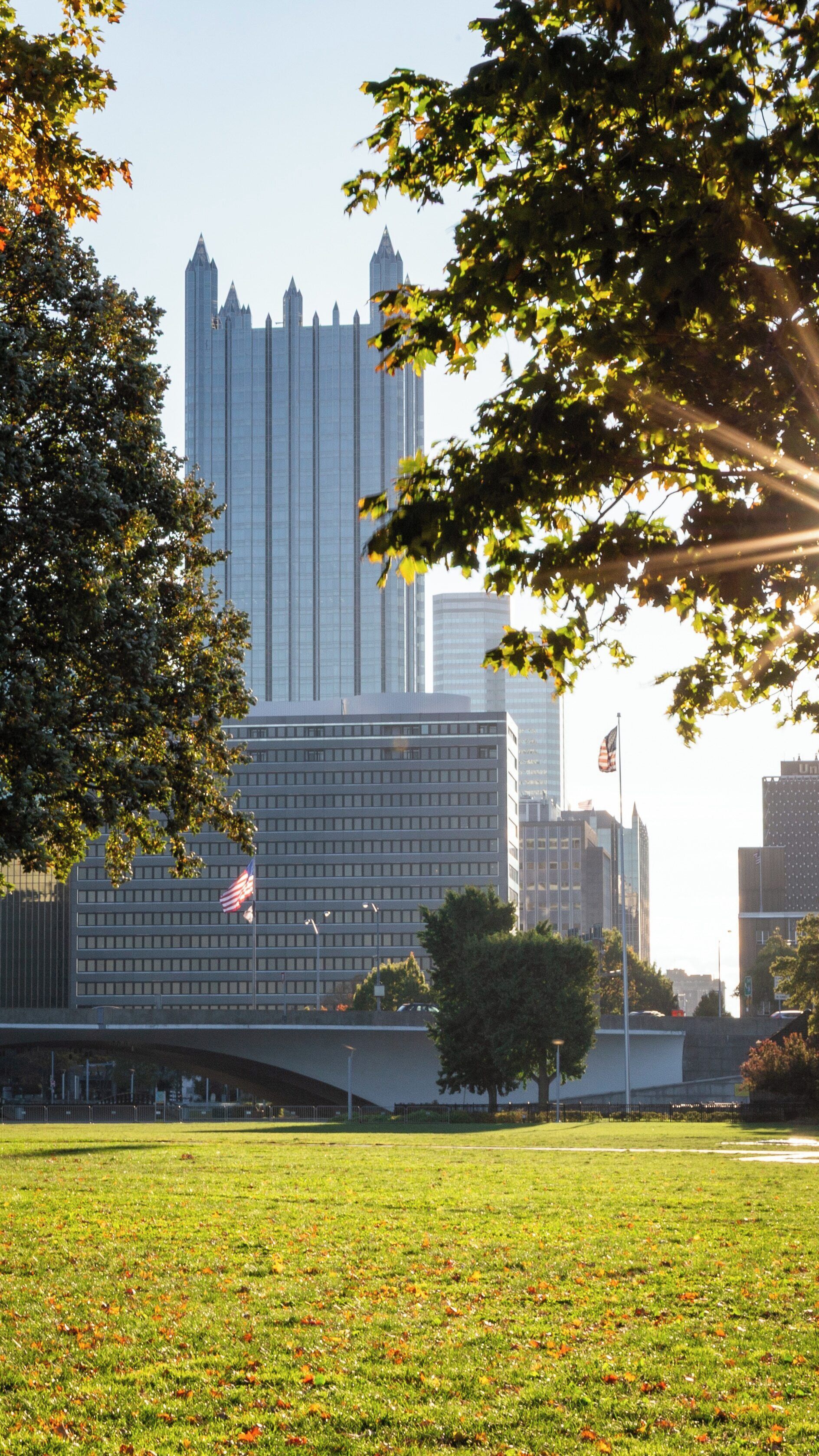 Experience the tranquility of Point State Park in Downtown Pittsburgh with skyline views and lush greenery during a sunny day
