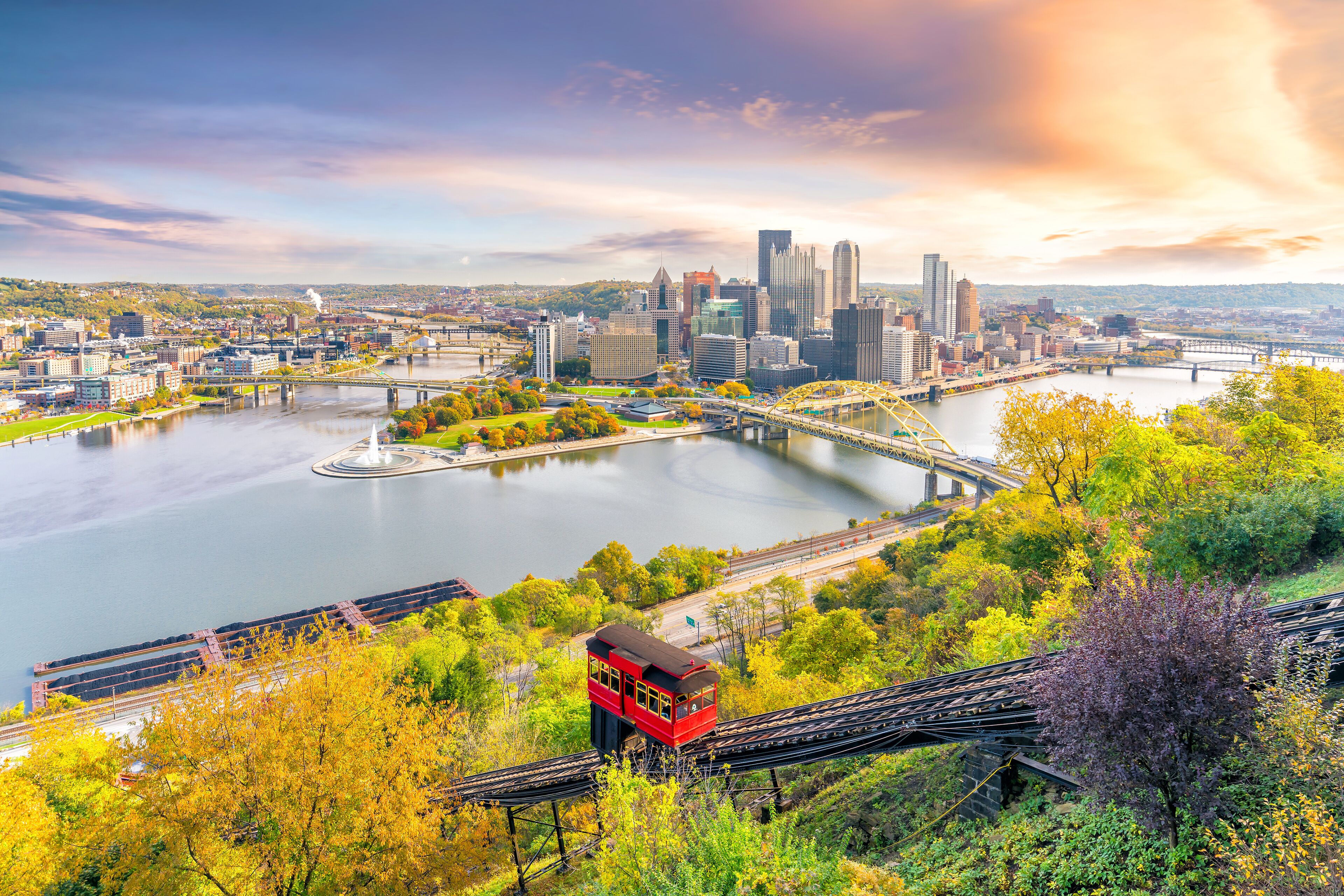 Downtown skyline of Pittsburgh, Pennsylvania at sunset in USA