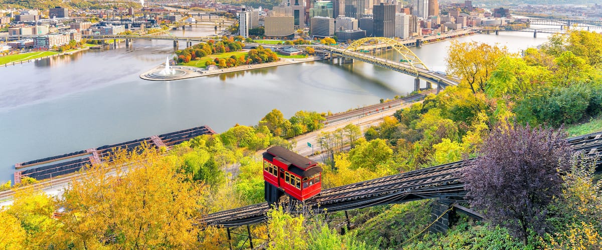 Downtown skyline of Pittsburgh, Pennsylvania at sunset in USA