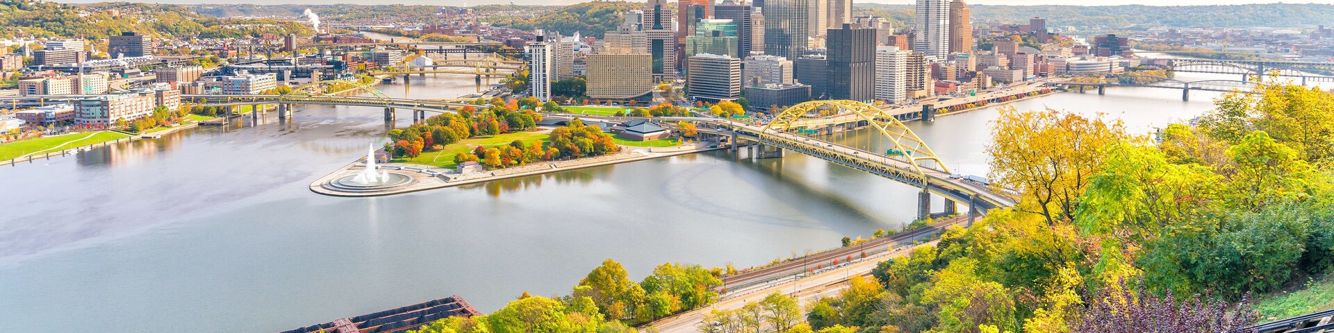 Downtown skyline of Pittsburgh, Pennsylvania at sunset in USA