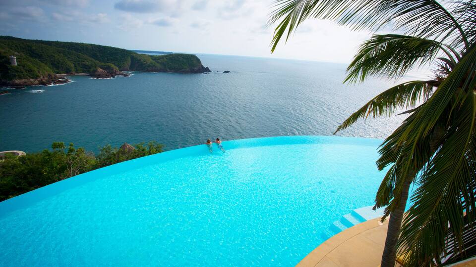 A clear blue infinity pool overlooking a coastal ocean view with palm trees.