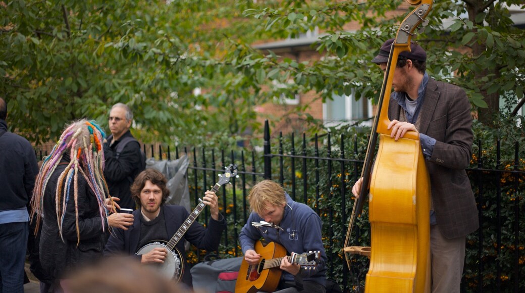 Notting Hill mostrando actuación callejera y un jardín y también un pequeño grupo de personas