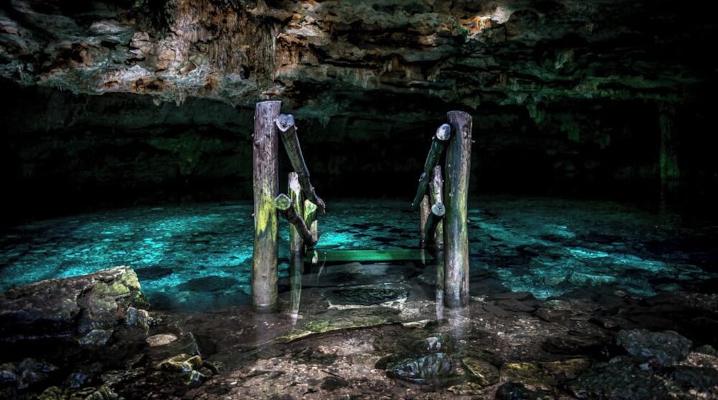 Enter the darkness of the Dzom-Bacal cenote, near the town of Cacao.