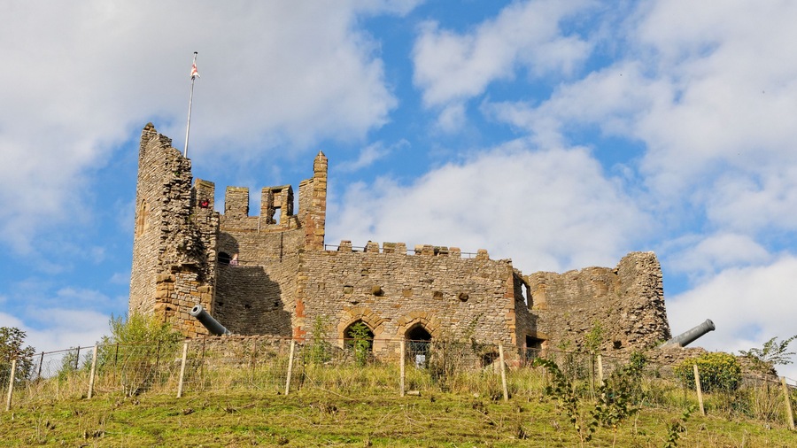 A historic stone castle with battlements, a flagpole, and cannons.