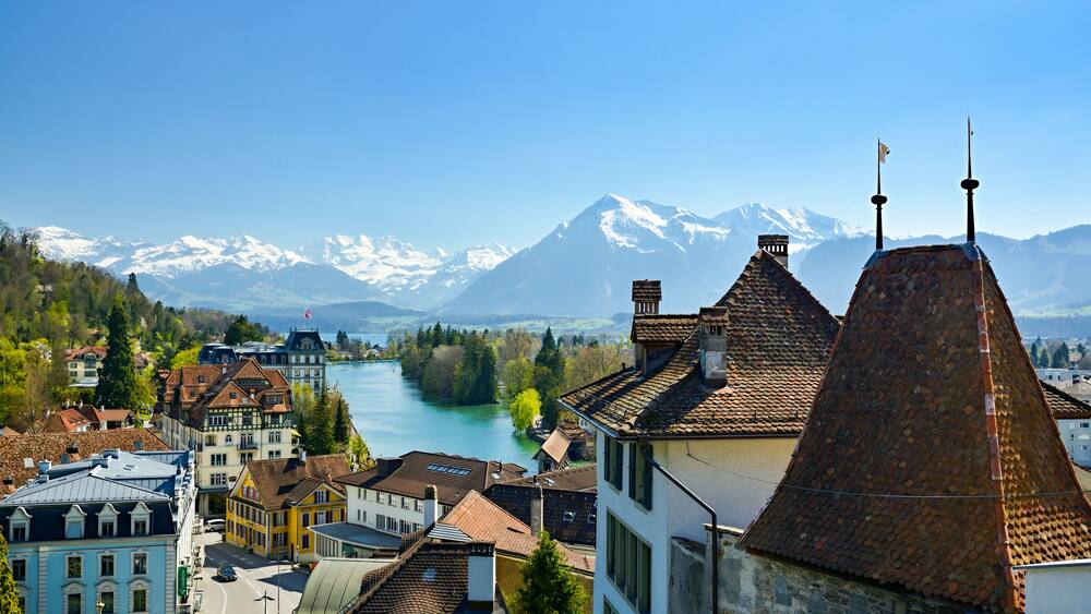 Nice view on city of Thun and Bernese Alps, Switzerland