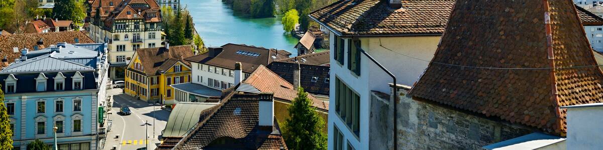 Nice view on city of Thun and Bernese Alps, Switzerland