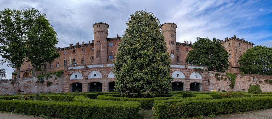 Panoramic view of the Royal Castle of Moncalieri, province of Turin, Italy
