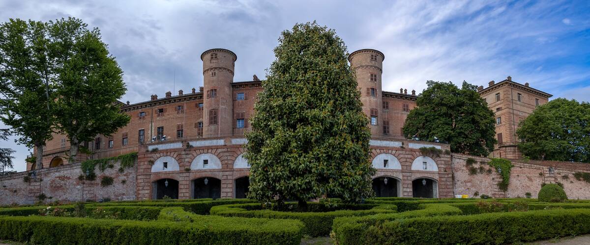 Panoramic view of the Royal Castle of Moncalieri, province of Turin, Italy