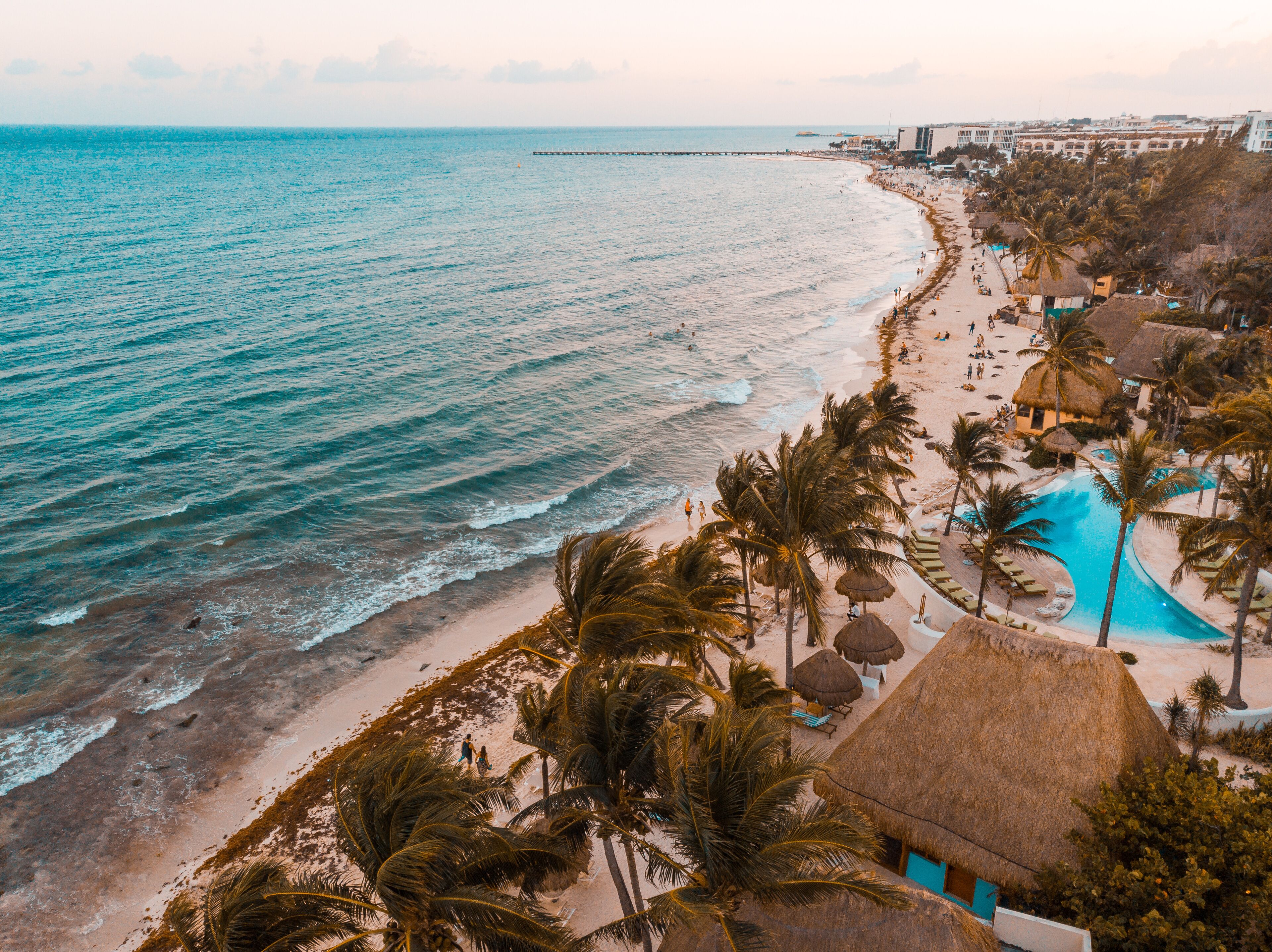 A coastal resort with a beach, palm trees, a swimming pool, and a pier.