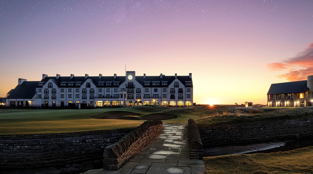 Early morning on the 18th at Carnoustie Golf Course. This is my home town and in the next few weeks it will host the Alfred Dunhill Links Championship so the greens are pristine and the stands are being erected. A nice walk early in the morning when no one else is around.