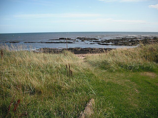 A coastal landscape with grassy terrain leading to rocky outcrops and the sea.