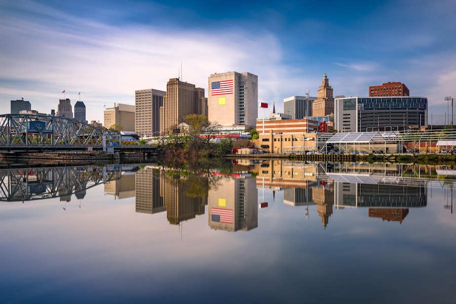 HAJ9WW Newark, New Jersey, USA skyline on the Passaic River.