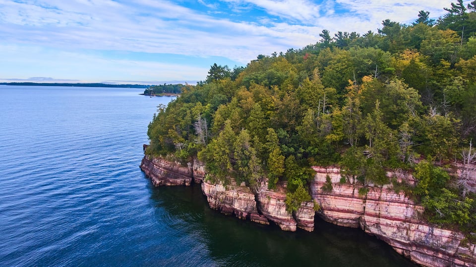 A coastal cliff with dense forest and a calm sea.