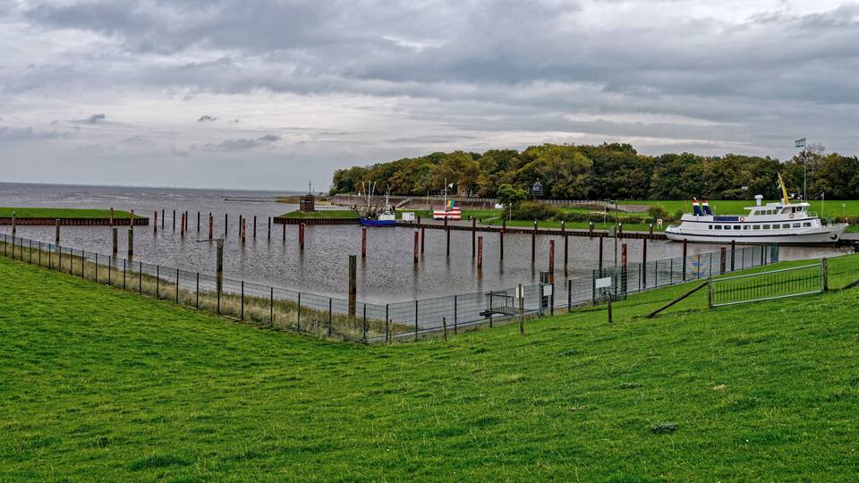 A riverside view with a boat dock, grassy banks, and a forested hill in the background.