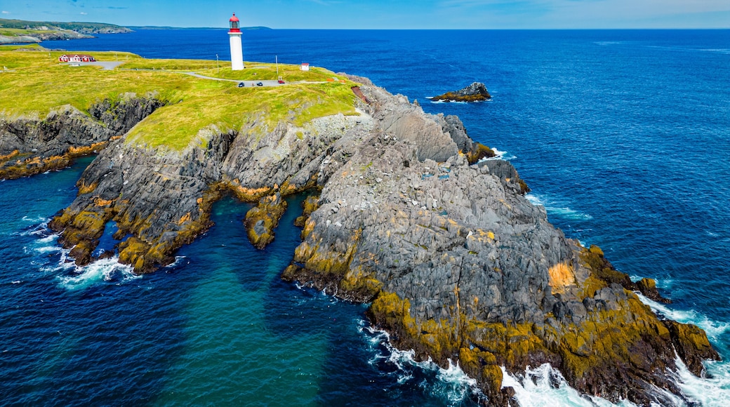 Aerial of Cape Race Lighthouse, Mistaken Point, UNESCO World Heritage Site, Avalon Peninsula, Newfoundland, Canada