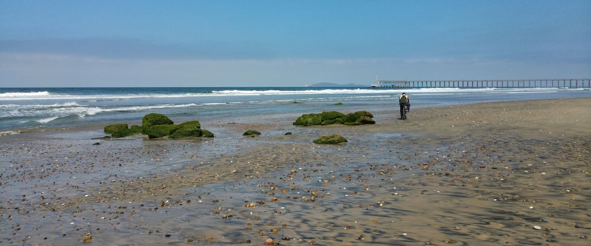 A beach with scattered rocks, a person standing near the water, and a pier in the distance.