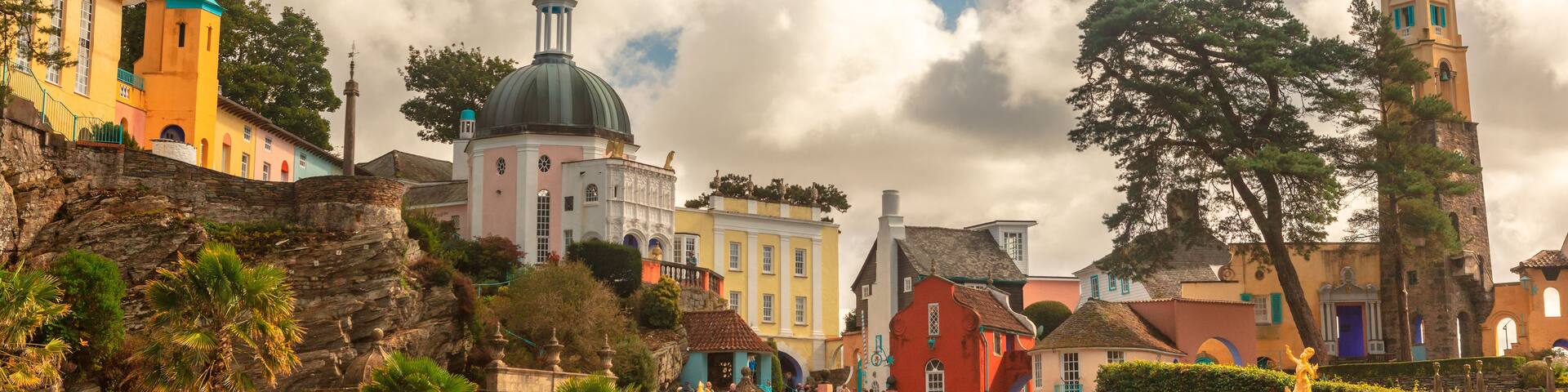 Popular tourist resort of Portmeirion with it's Italian village style architecture in Gwynedd, North Wales.