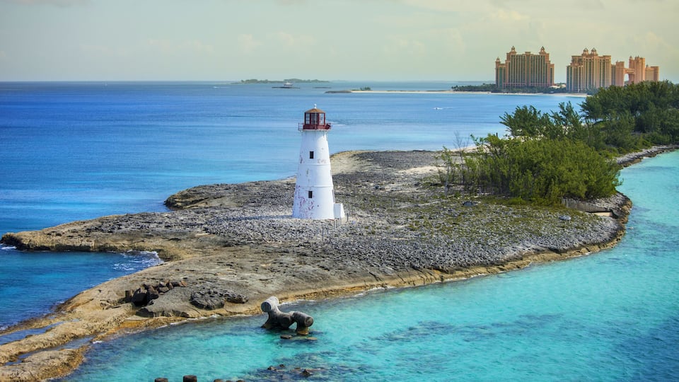 harbor entrance at nassau, bahamas, and lighthouse