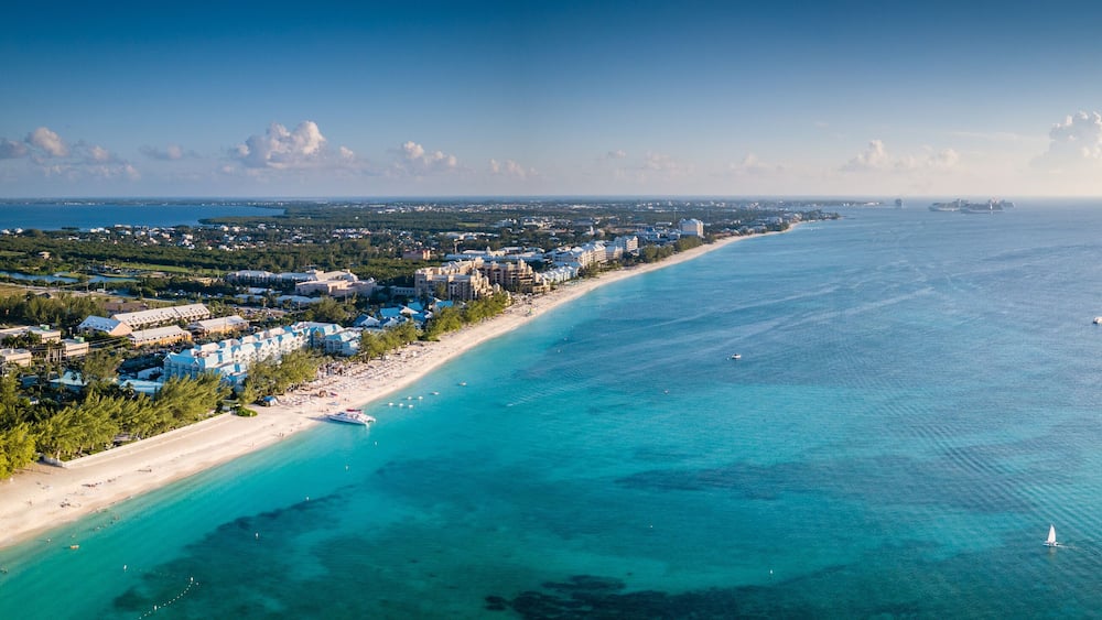 panoramic landscape aerial view of the tropical paradise of the cayman islands in the caribbean sea