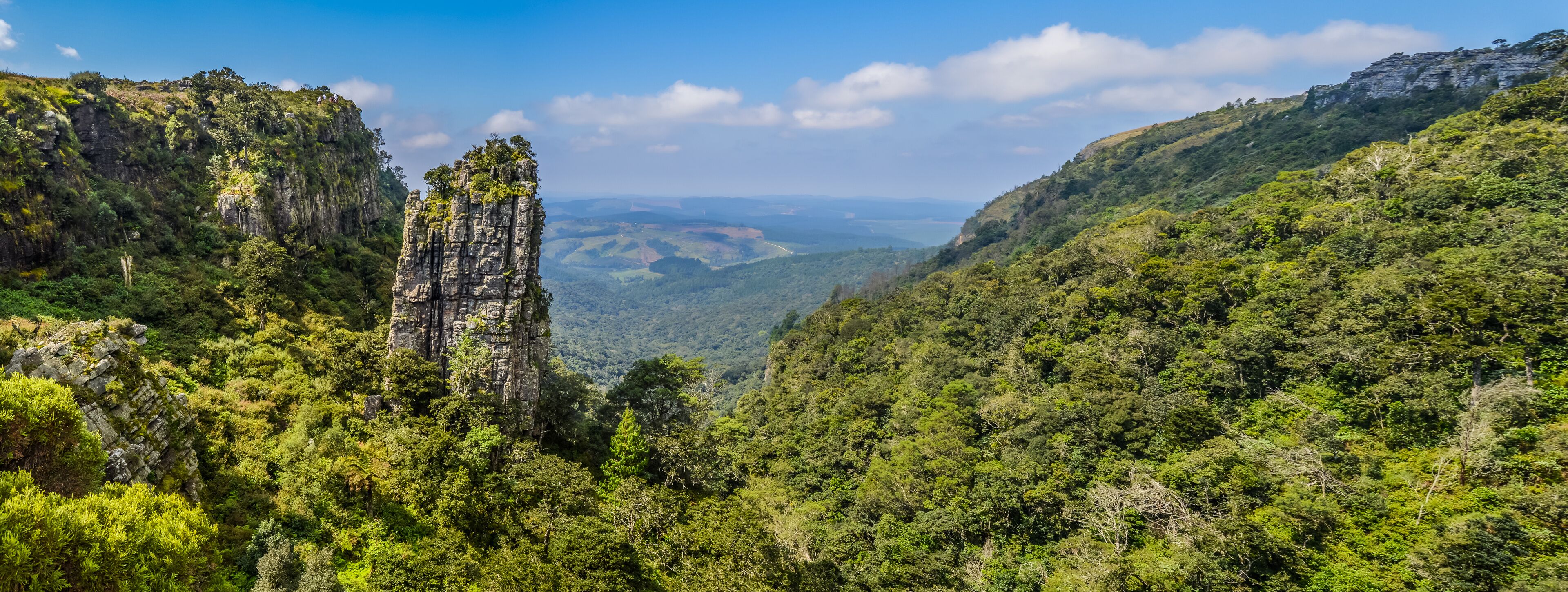 Paisagem montanhosa acidentada com floresta densa e uma formação rochosa imponente.