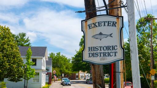 Sign of Exeter Historic District on Water Street near Front Street in historic downtown of Exeter, New Hampshire NH, USA.