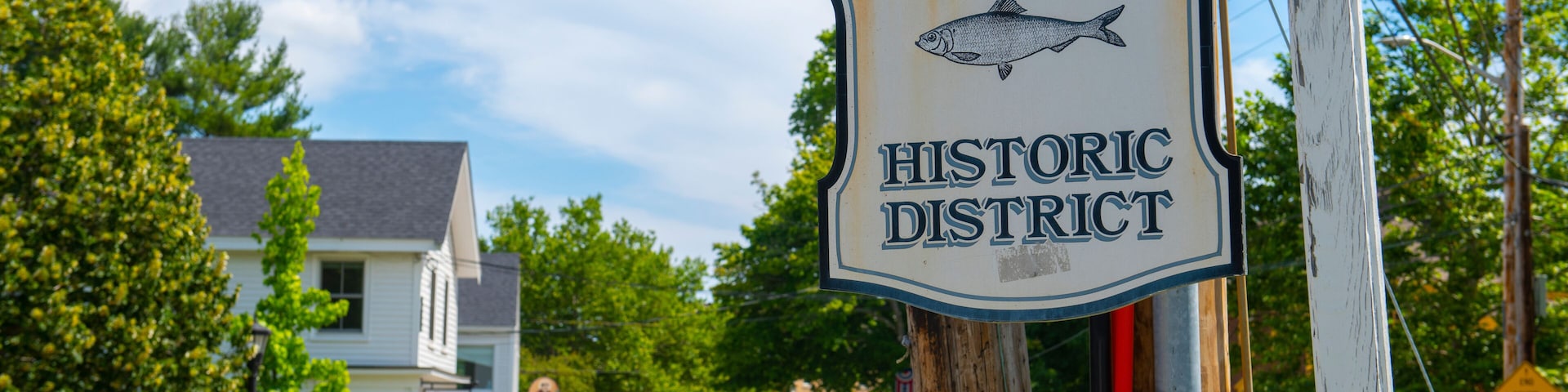 Sign of Exeter Historic District on Water Street near Front Street in historic downtown of Exeter, New Hampshire NH, USA.