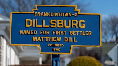 Dillsburg, PA, USA - March 9, 2025: A marker in the town first known as Franklintown, the York County town was named for the first settler, Matthew Dill.