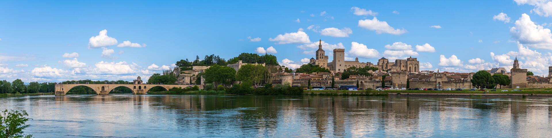 Panorama of Avignon with the Saint Benezet bridge over the Rhone river, in Vaucluse, in Provence, France