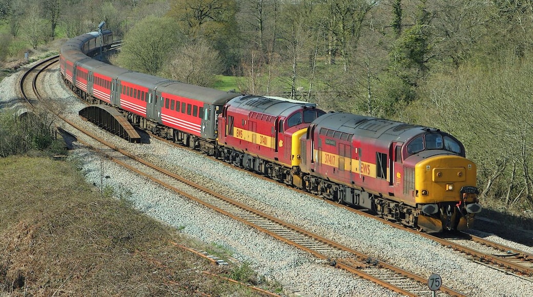 Train near Miskin. A Compass Tours train, double-headed by Class 37s, rounds the curve near Miskin on the South Wales Main Line as it heads for Cardiff/Caerdydd.