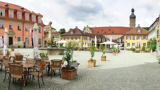 Ein Kopfsteinpflasterplatz mit Außenbestuhlung, historischen Gebäuden und einem Brunnen.