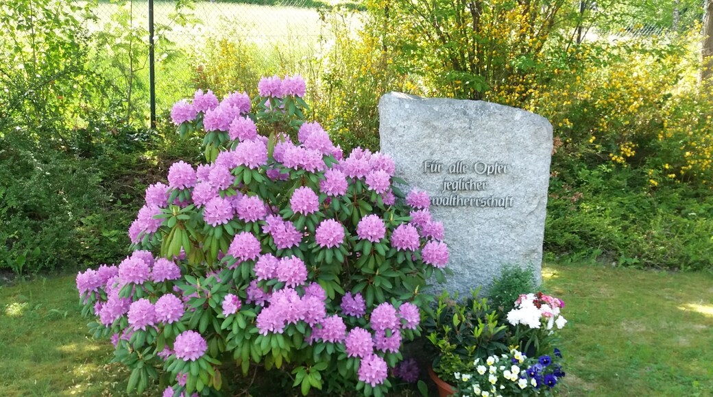 Schönheide im Erzgebirge: Gedenkstein auf dem 1996 angelegten „neuen Friedhof“. Dieser Gedenkstein soll alle anderen früher in Schönheide aufgestellten Erinnerungstätten an Opfer des nationalsozialistischen Terrors ersetzen. So gab es am Rathaus ein an den Schönheider Arbeiter und Kommunisten Rudi Radecker (geboren 24. Oktober 1914) erinnerndes Mahnmal. Er wurde 1942 zum Tode verurteilt und hingerichtet. Auf dem alten Friedhof stand ein Denkmal für die Opfer der Todesmärsche im April 1945. Mitte April 1945 wurden vor dem Vorrücken der US-amerikanischen Truppen Insassen von Außenlagern des Konzentrationslagers Flossenbürg (die es auch in Legenfeld und Schönheide gab) in Richtung Tschechoslowakei getrieben. Dabei wurden erschöpfte Menschen erschossen. Auf dem alten Friedhof in Schönheide wurden über 30 dieser Opfer bestattet. Auf diesem Mahnmal stand: Hier ruhen die von Nazihorden unschuldig Hingemordeten.