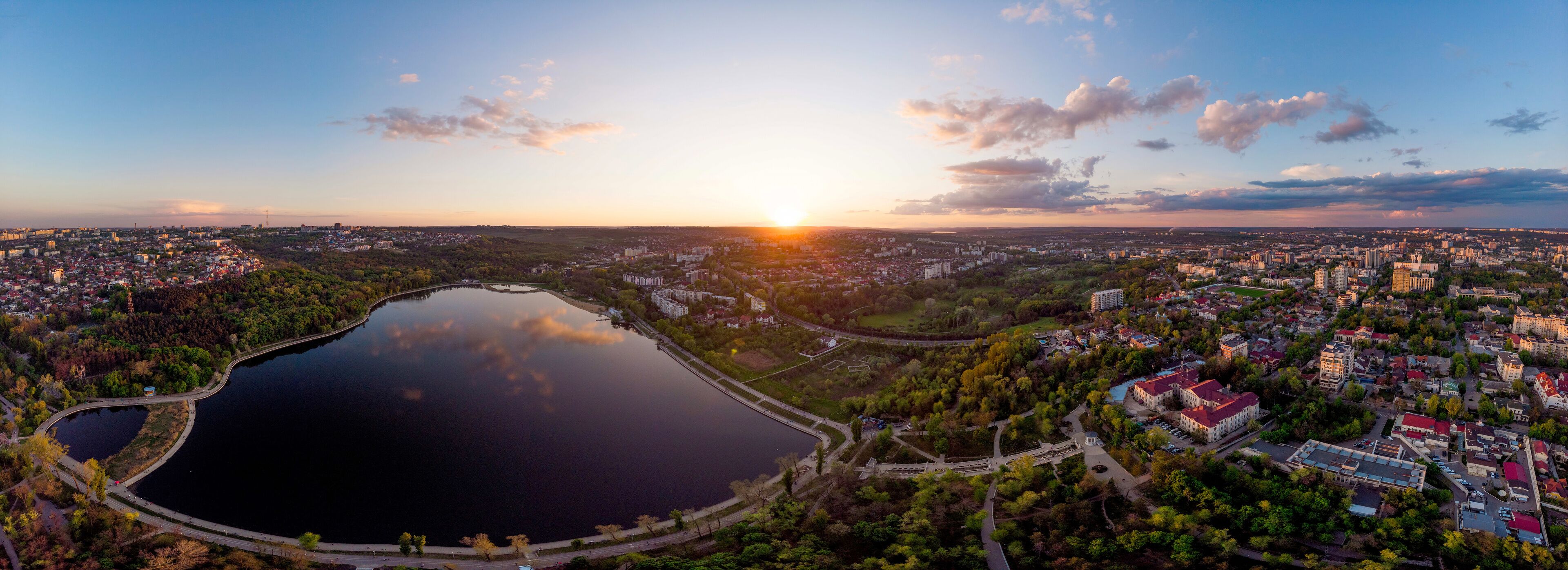 Panoramic aerial shot of Valea Morilor Park at sunset