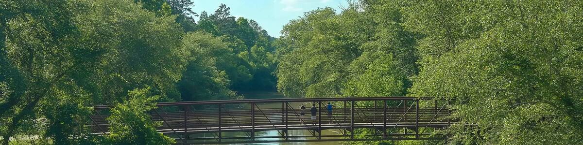 a long metal rust colored bridge over the silk brown waters of Little River with kids diving off the bridge surrounded by lush green trees, grass and plants with blue sky and clouds