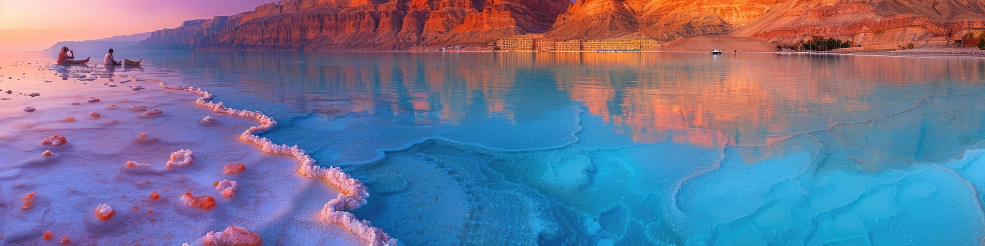 Relaxing at sunset by the serene waters of the Dead Sea with mountains in the background