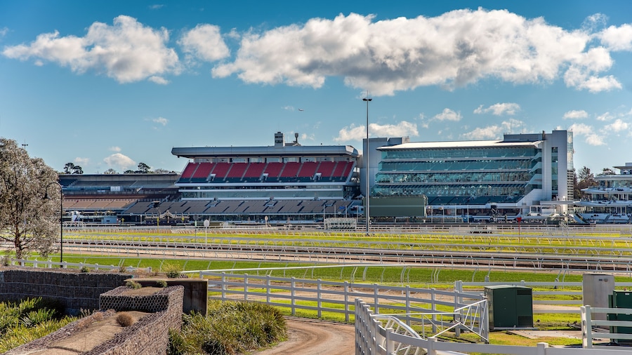 The Flemington Racecourse grandstands in front of the Maribynong River in Melbourne, Australia