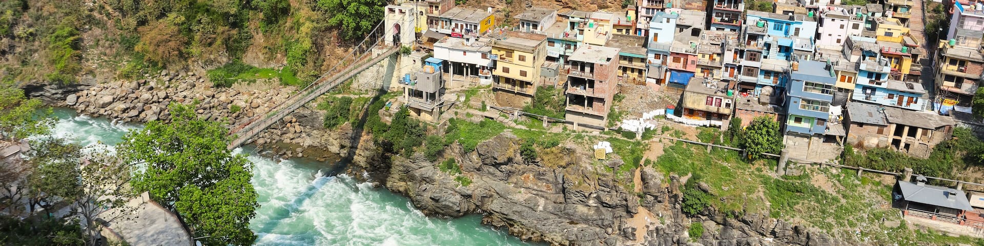 Confluence (""Sangam"") of Alaknanda and Bhagirathi Rivers at Devprayag, within the Tehri Garhwal district of Uttarakhand, India - forming the Ganges River.