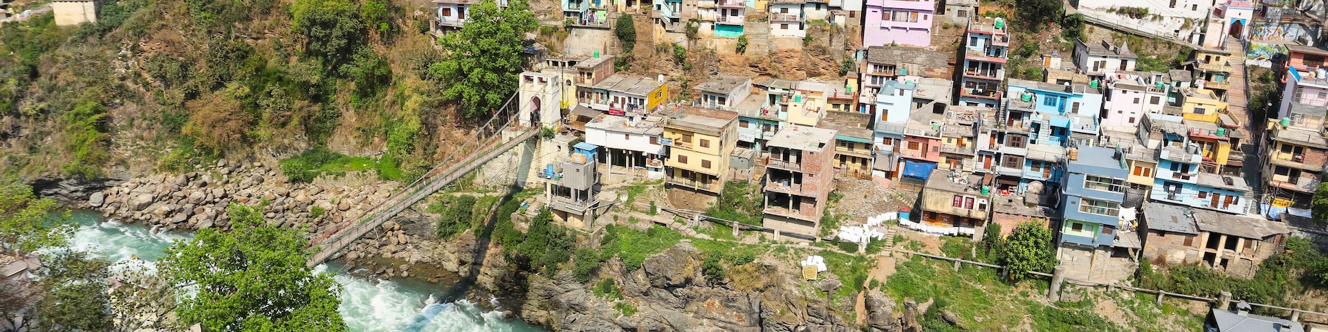 Confluence (""Sangam"") of Alaknanda and Bhagirathi Rivers at Devprayag, within the Tehri Garhwal district of Uttarakhand, India - forming the Ganges River.