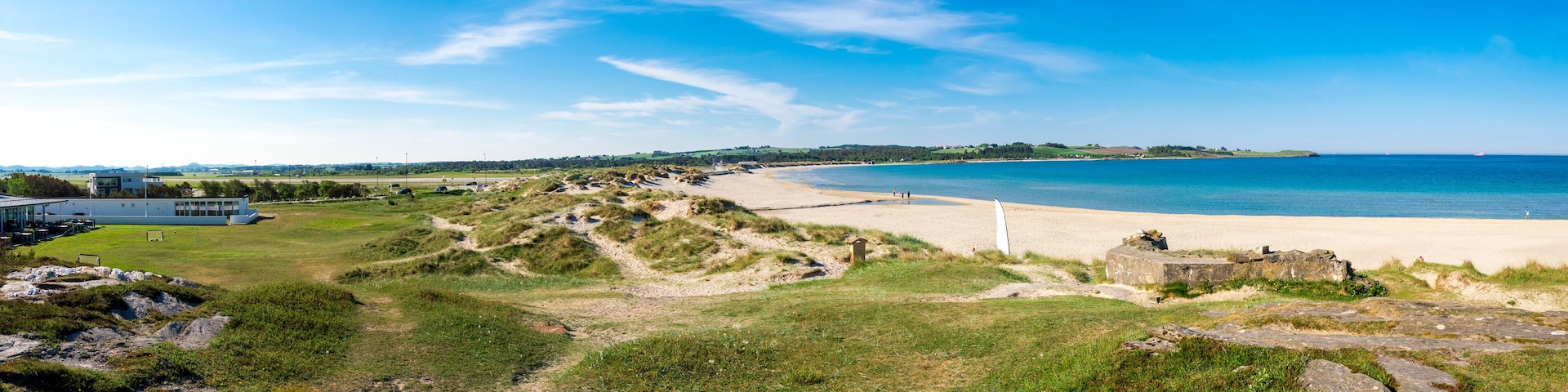 Panorama of Sola beach, sand dunes and resort hotel in the beginning of summer, Stavanger, Norway, May 2018