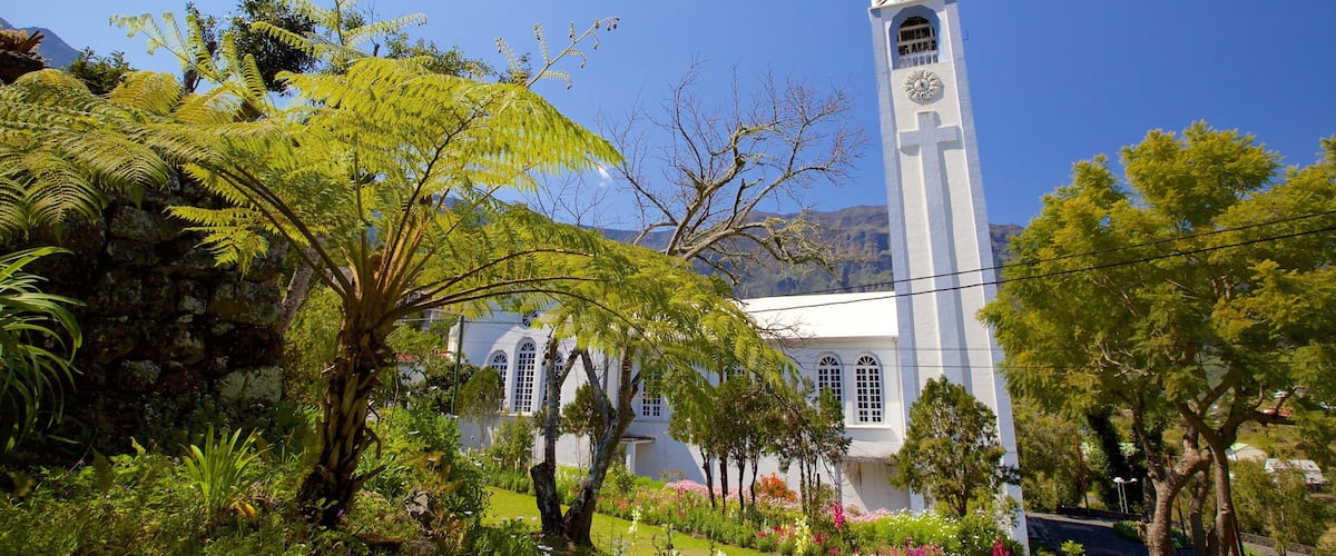 Cilaos showing a church or cathedral and a garden
