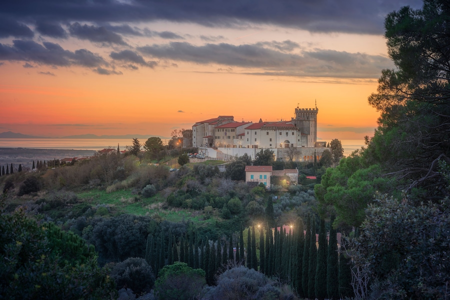 View from above of Rosignano Marittimo and the sea in the background. Tuscany, Italy